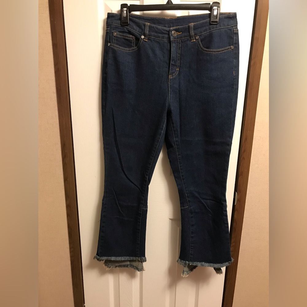Dujour flare legged crop jeans with back flounce hem